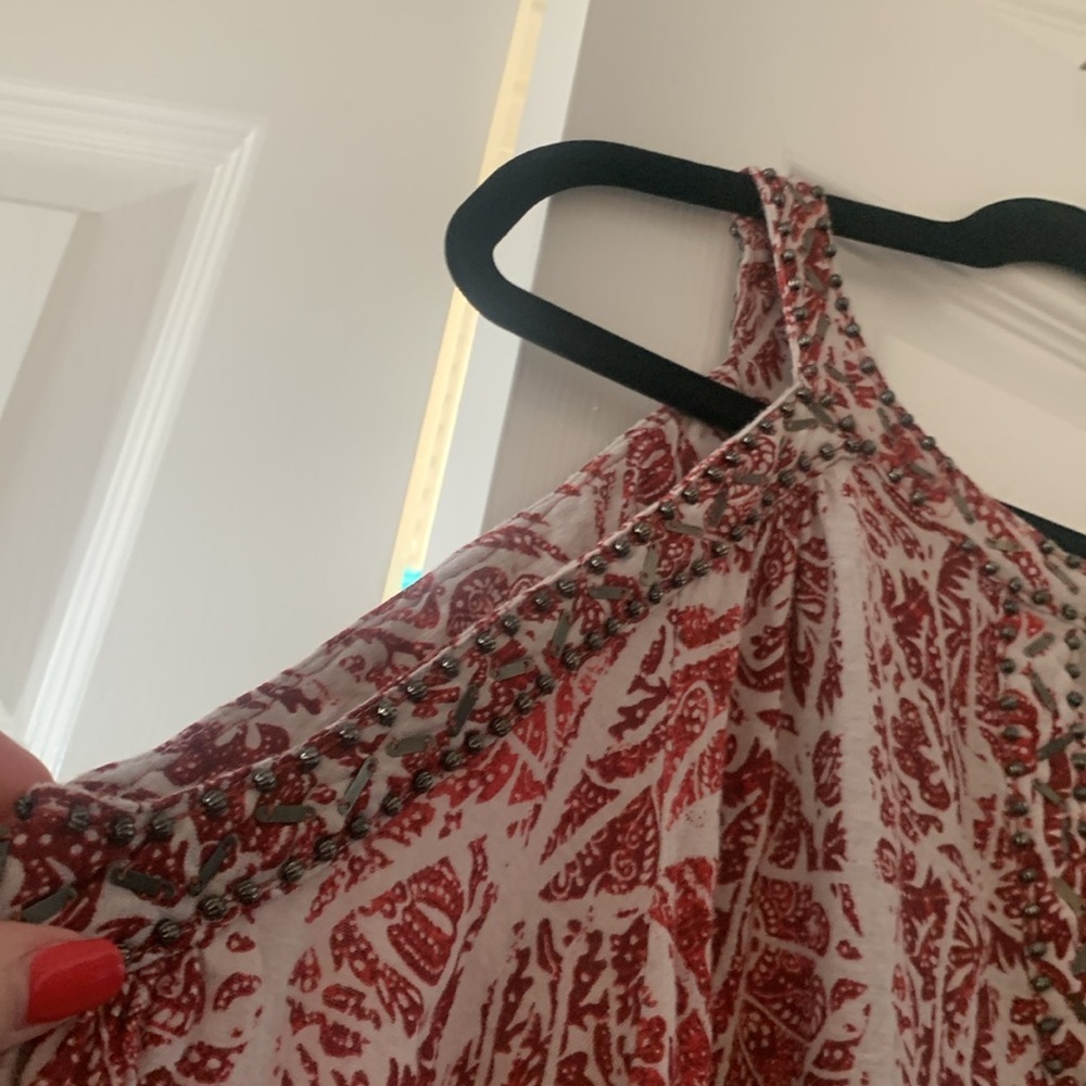 Free People Rayon Good Morning Beaded Cold Shoulder Red Sexy Top SS - Picture 7 of 8